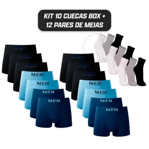 Kit 10 Cuecas Boxer Microfibra Adulto + 12 Pares Meias Algodão infohetero