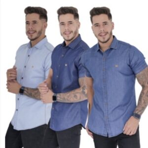 Camisa Jeans Masculina Slim Fit Manga Curta Social Premium
