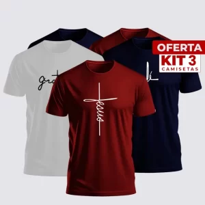 Kit 3 Camisa, Camiseta Plus Size Jesus Cruz Logo Evangélica 100% Algodão
